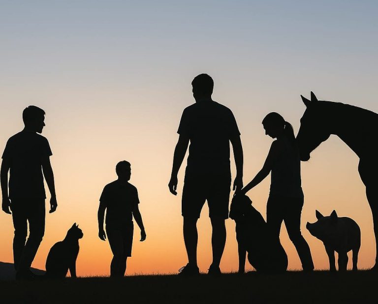 Kinder, Jugendliche, Fachkräfte und Tiere auf dem Ponyhof bei gemeinsamer Begegnung und tiergestützter pädagogischer Arbeit.